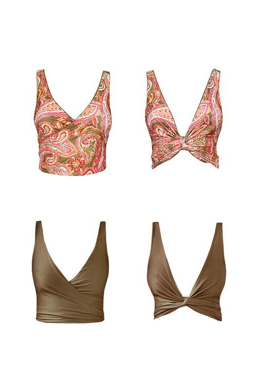 4 way product image showcasing the versatility of the Barcelona bikini top. It shows both the solid khaki and printed sides.