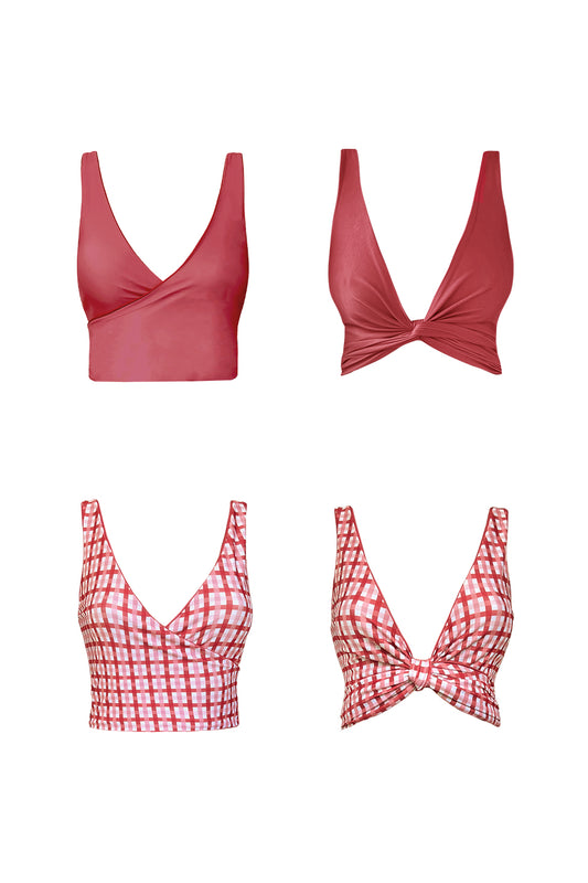 Product image showing variations of the Brigitte bikini top. One set is showing the deep, burnt coral side and the other shows the gingham print side. Each is configured in both full coverage and alternatively cinched at the bust line.