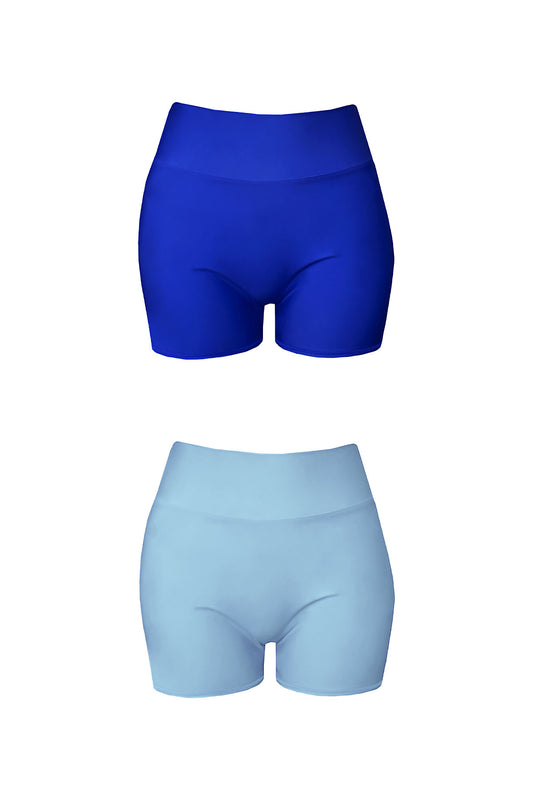 Product image showing each coloured side of the Capri reversible swim shorts. One side is ultramarine blue, the other is powder blue.