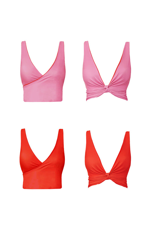 Product image showing both the reversible sides and styling techniques used to achieve different configurations of the same bikini top. One side is red while the other is blue, and it is shown in two variations - one is providing full coverage whilst the other is cinched at the bust.