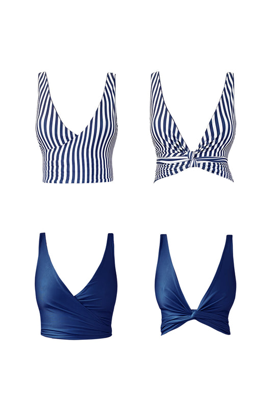 Product image showing each reversible side of the Hamptons bikini top. One is solid navy, while the other incorporates the same navy with with in a vertical stripe pattern.