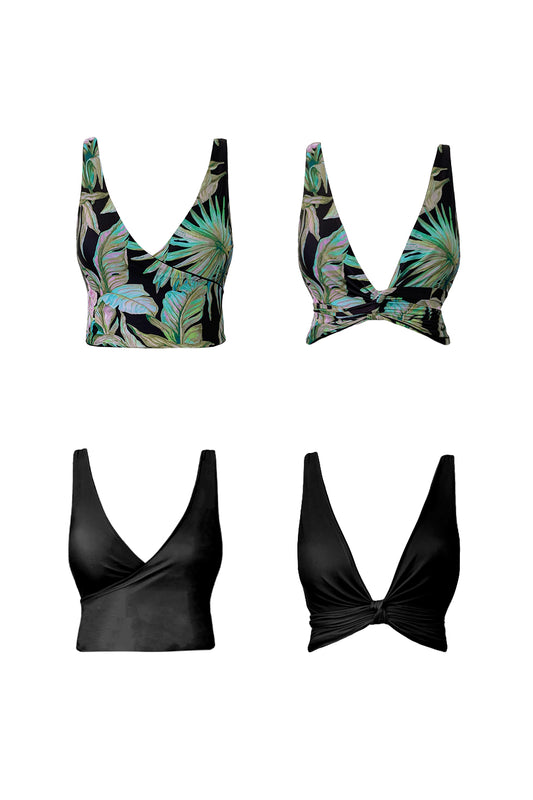 Product image showing each reversible side of the Martinique bikini set. One side is black, and the other features a hand-painted tropical botanic print with pops of pink and green on a black base.