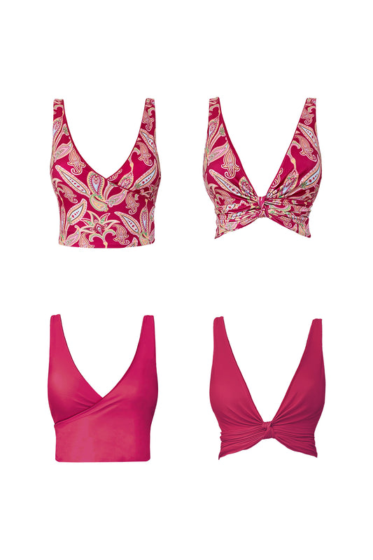 Product image showing each reversible side of the Sangria bikini top. One side is solid fuchsia pink, the other features a vibrant paisley print.