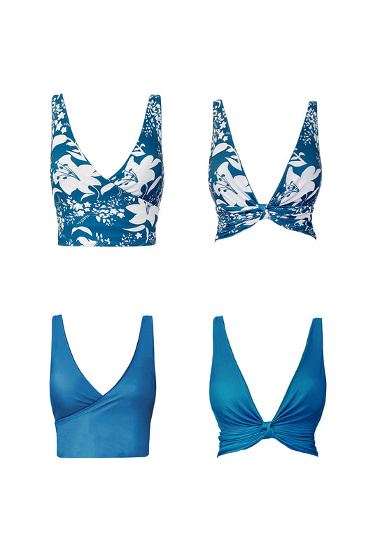 Product image showing each reversible side of the Tahiti bikini top. One side is a white floral print and the other is a solid ocean blue colour. The bottoms are high waisted and sculpting. It is styled with a waist tie to cinch the bust, and can alternatively be worn without the tie to give the option of more coverage.