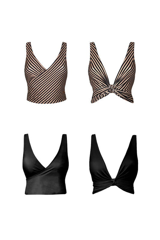 A product image showing each reversible side of the Valencia bikini top. One side is a solid black whilst the other features a bold, coffee toned stripe pattern. A waist tie is used to cinch the bust line to showcase versatility.