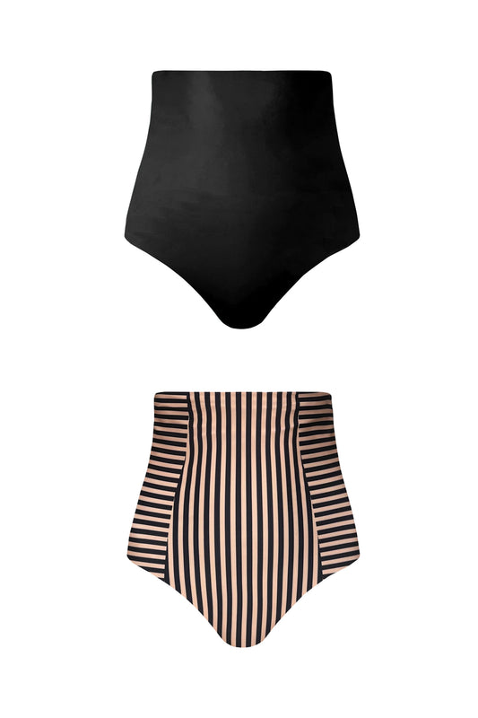 A product image showing each reversible side of the Valencia bikini bottoms. One side is a solid black whilst the other features a bold, coffee toned stripe pattern.