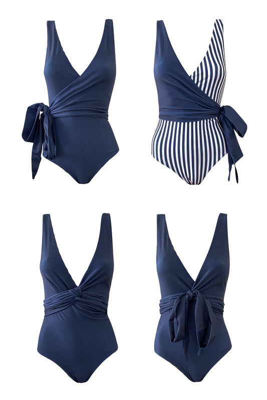 Flat lay example of four ways to wear a reversible wrapsuit, showing different combinations of the navy and white stripe side or solid navy sides.