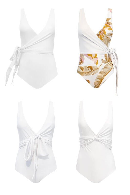 Flat lay of swimwear styled in four different configurations.