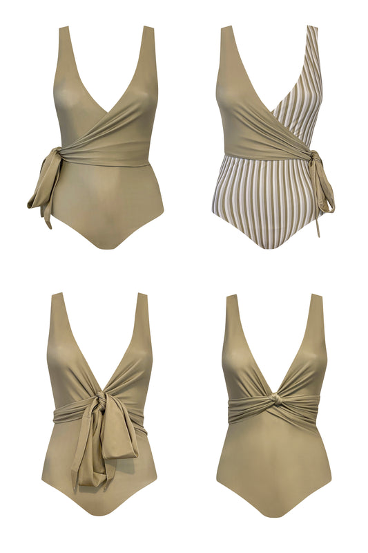4 different ways to style the Mossman wrapsuit, featuring different combinations of the reversible sides.