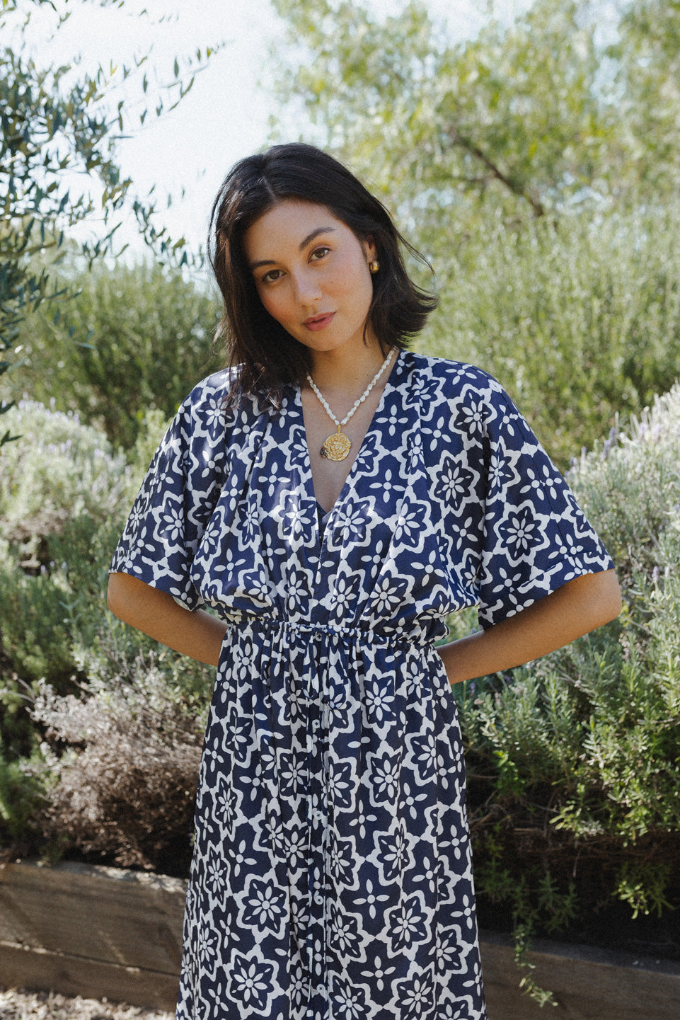 Blue and white kaftan dress sales