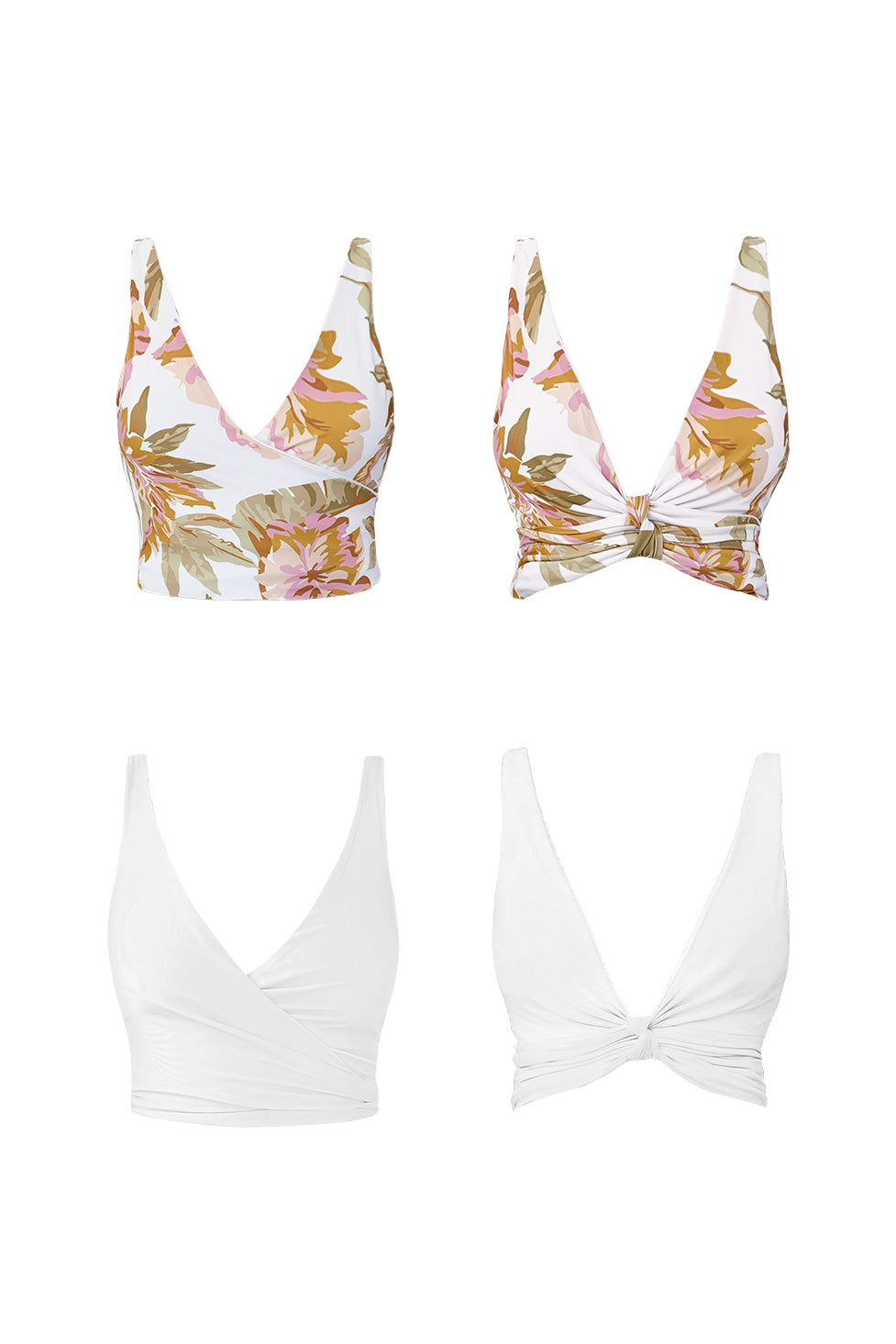 4 ways to wear the Bahamas reversible bikini top, feating both the solid white and floral print sides.
