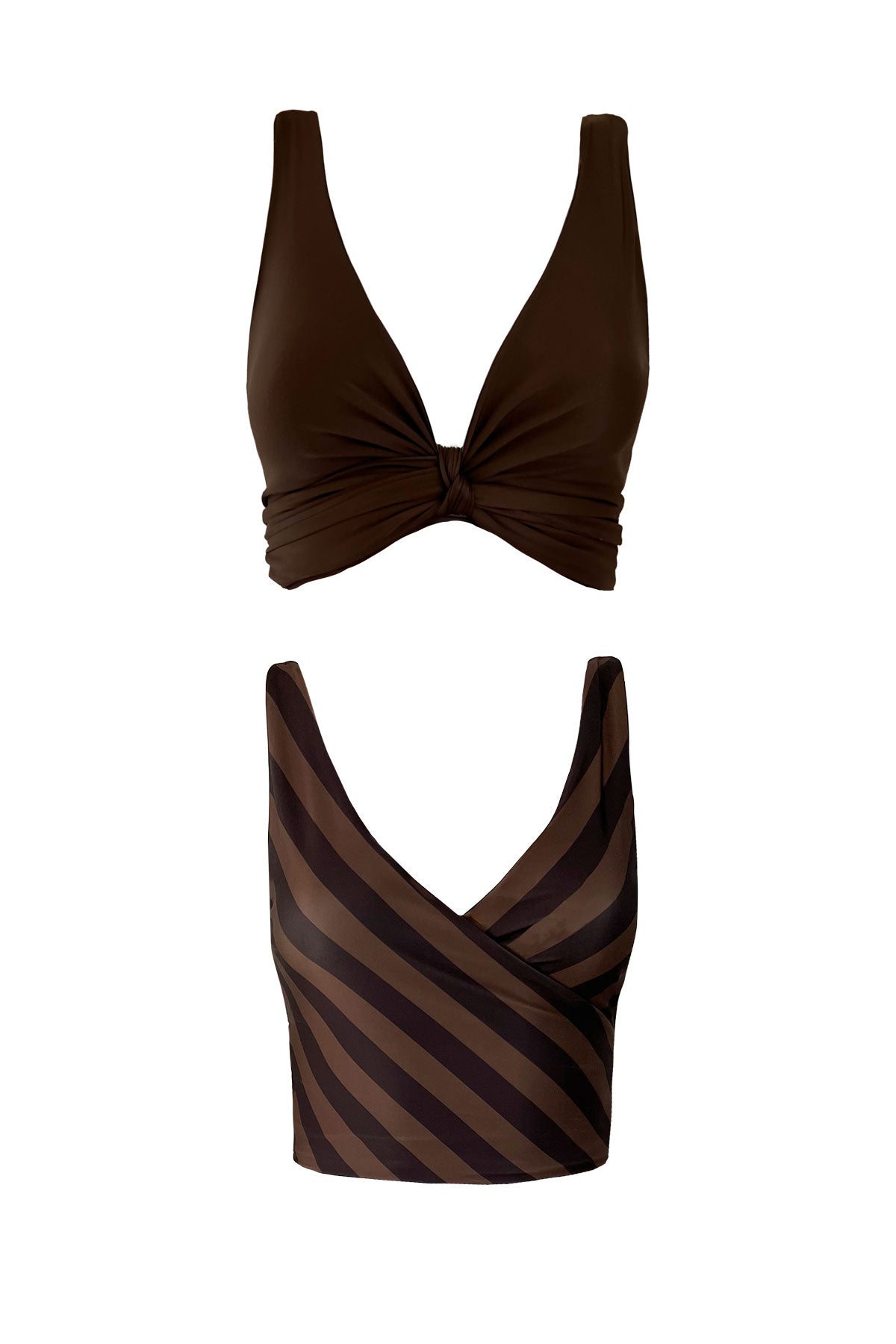 Product image showing both reversible sides of the Espresso bikini top. One features the solid brown side, while the other showcases the deep chocolate and macchiato stripe pattern.