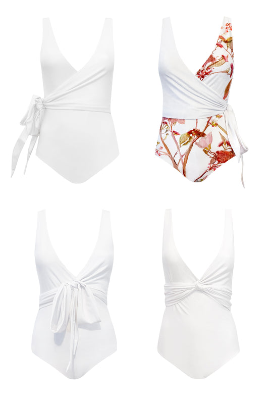 Woman wearing white swimsuit with banksia print without tie.