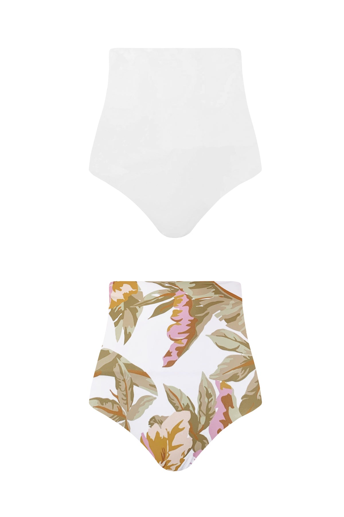 Product image showcasing each reversible side of the Bahamas bikini bottoms. They are high cut, one with a solid white colour and the other with a bold floral print comprised of pink, eucalypt and gold tones.