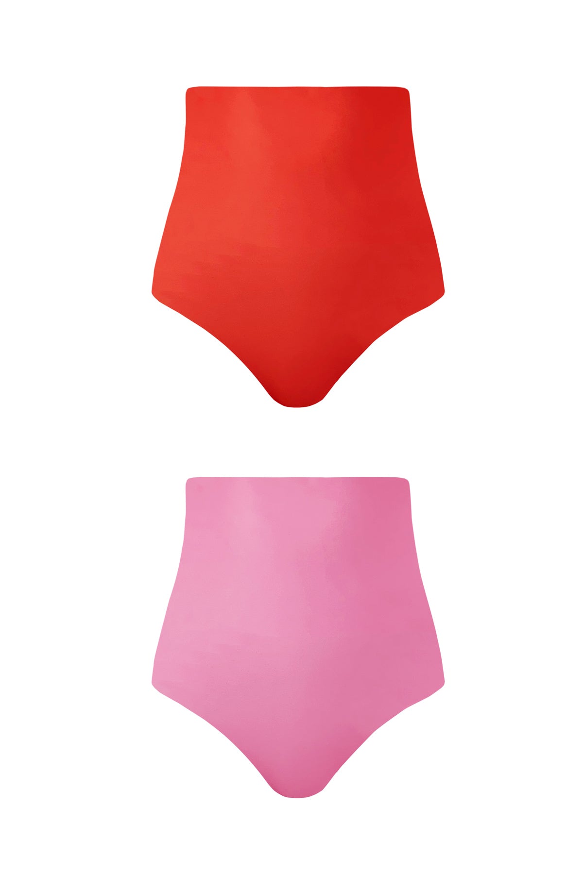 Product image showing each reversible side of the Cosmopolitan bikini bottoms. One is a deep coral red and the other is playful pink.