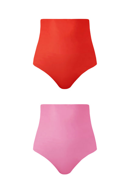 Product image showing each reversible side of the Cosmopolitan bikini bottoms. One is a deep coral red and the other is playful pink.