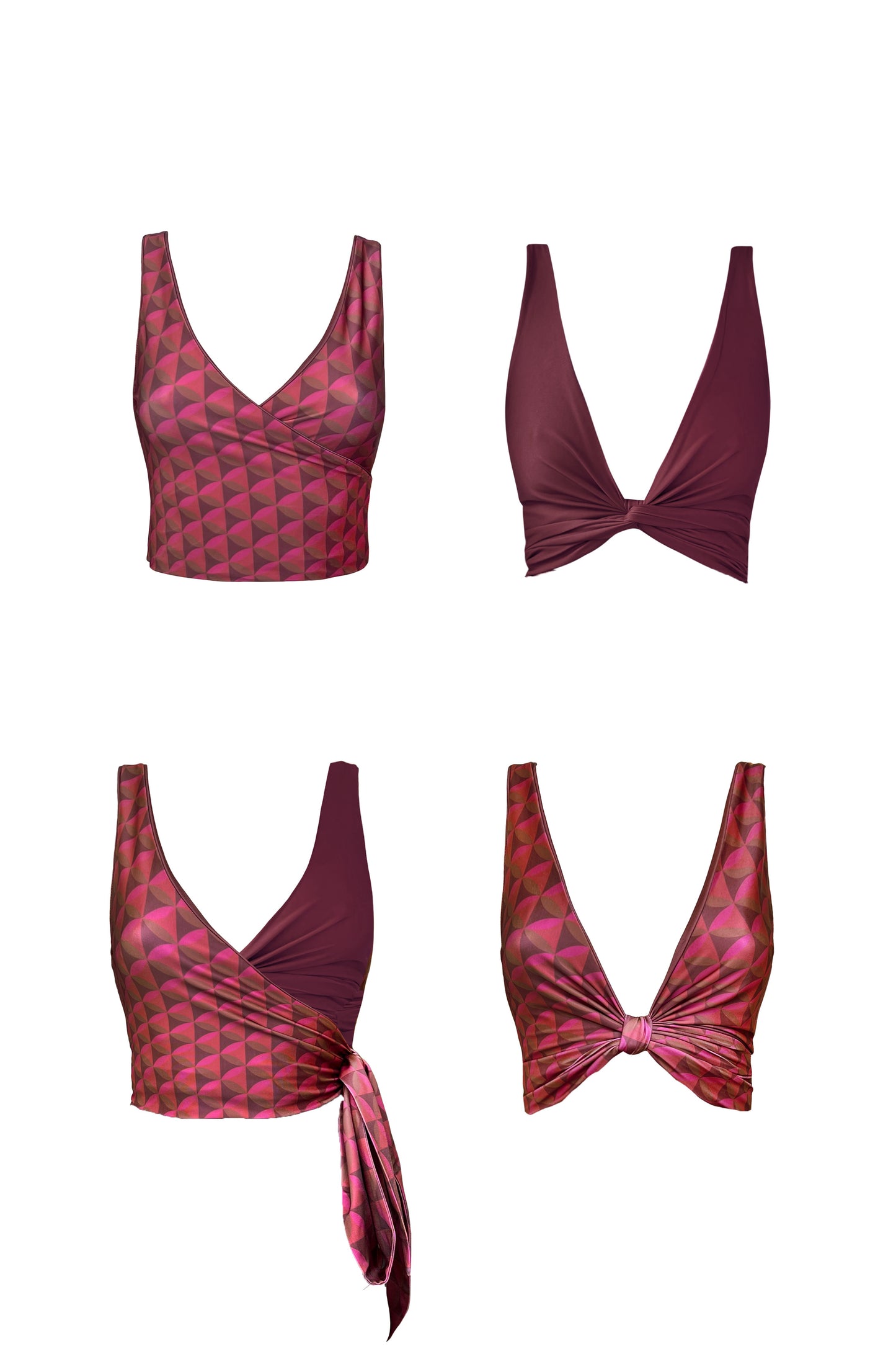 Product image showing each reversible side of the Monroe bikini top. One side is wine coloured, and the other features a burgundy geometric print.
