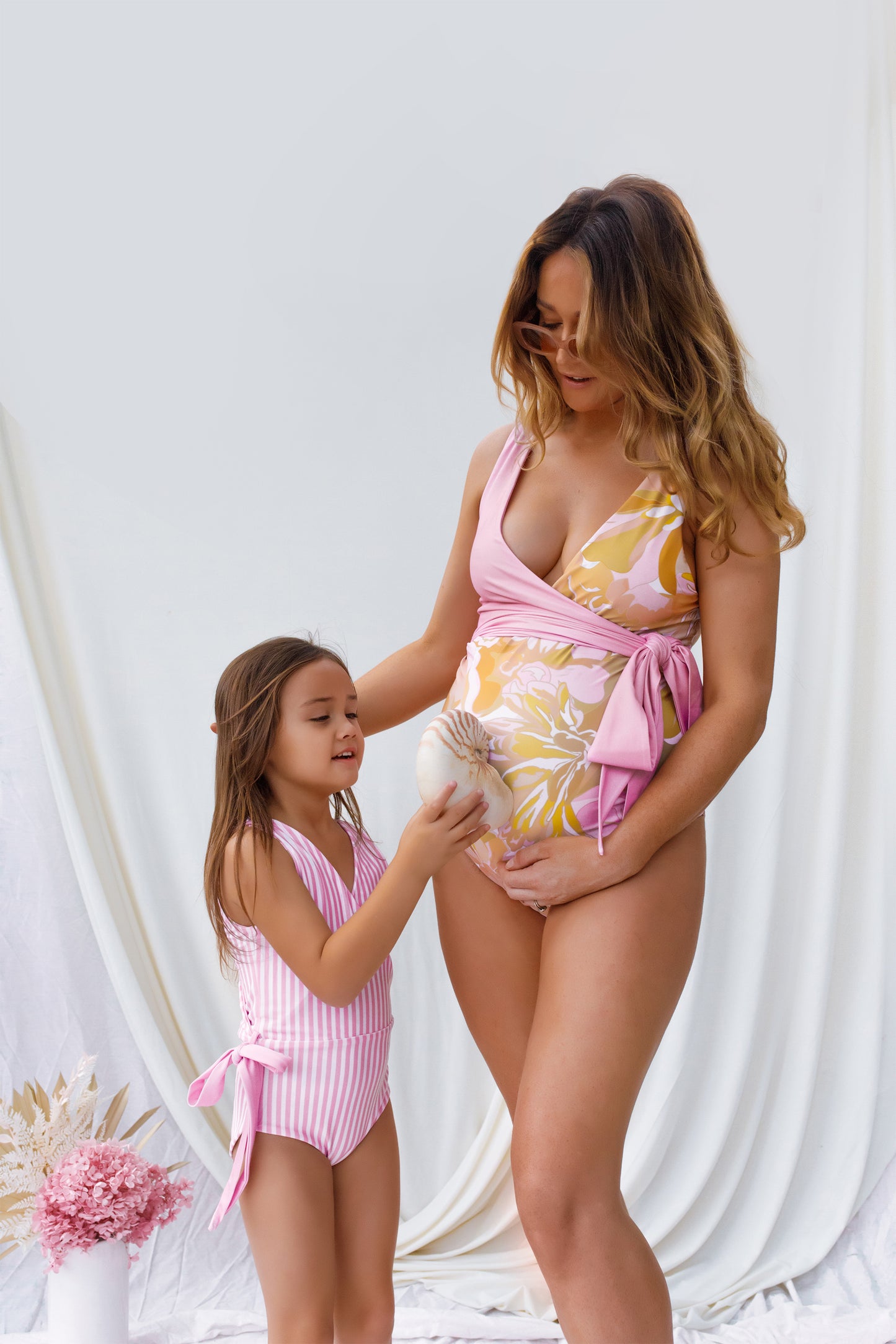 Pregnant Mum and daughter mix and match Bermuda wrapsuit 