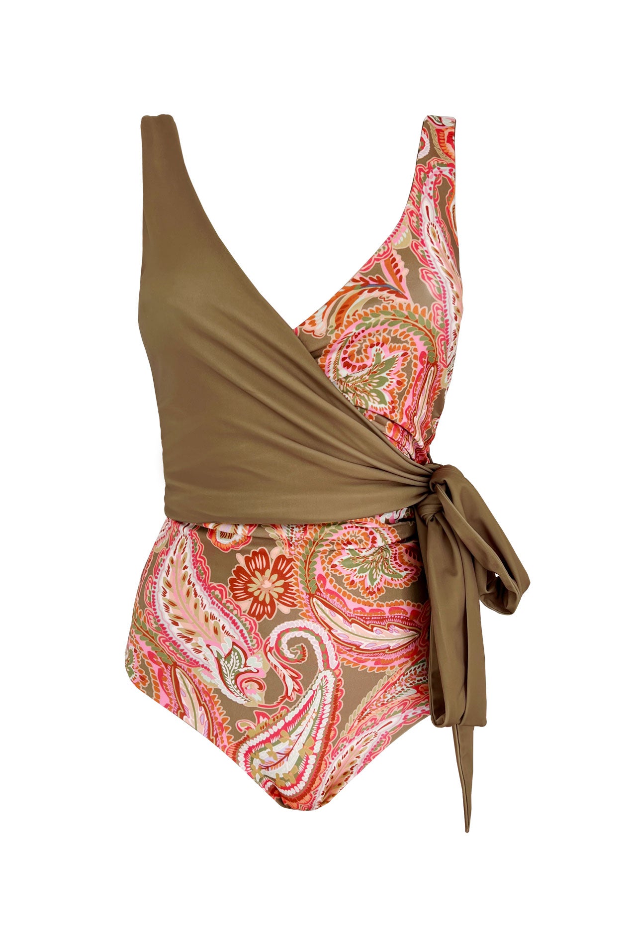 Product image of the Barcelona reversible wrapsuit body piece reversed to the paisley pink print side combined with the khaki green chest piece.