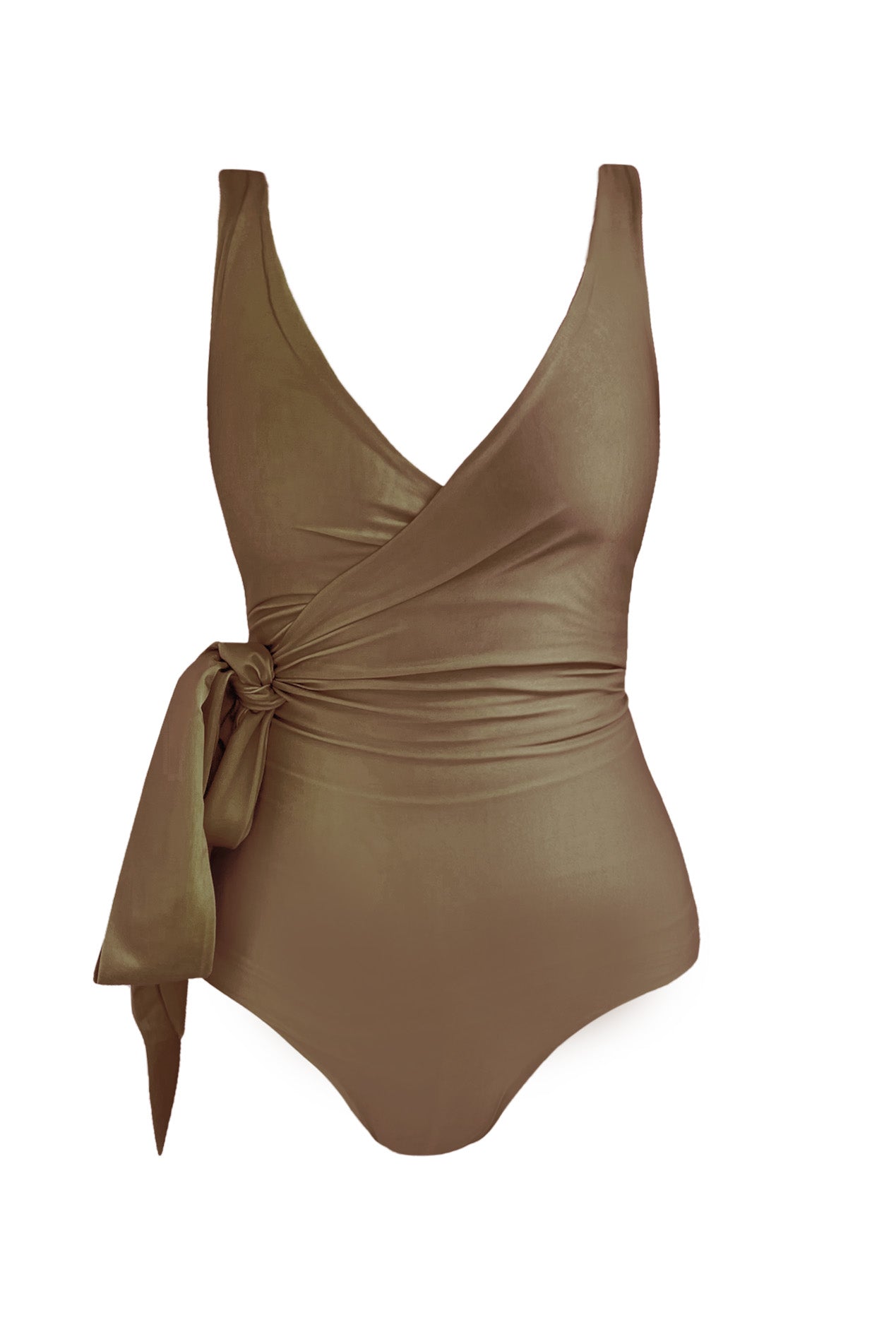 Product image of Barcelona reversible wrapsuit fully reversed to the khaki green side with matching waist tie.
