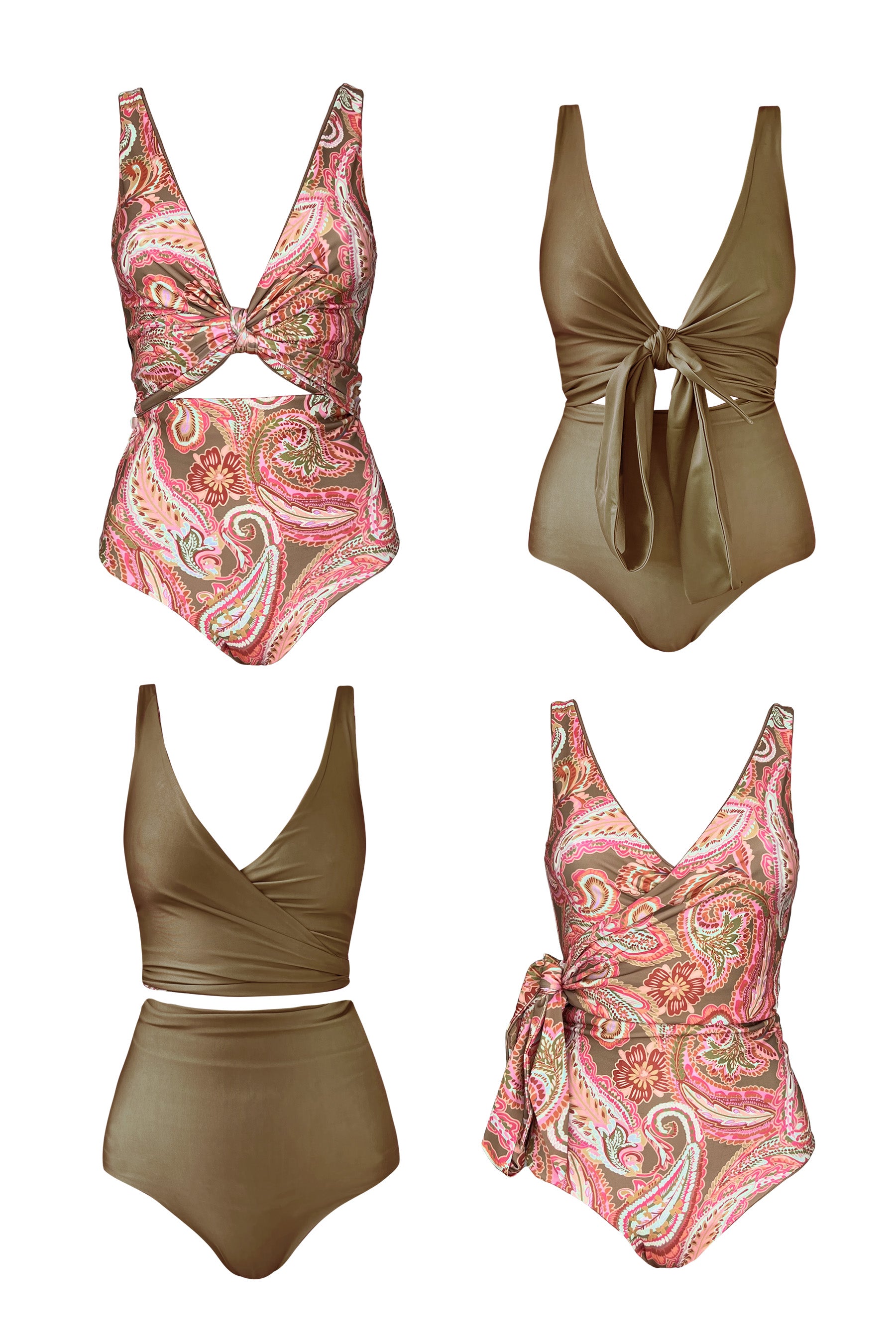 Product images of four different looks that can be made with just one Barcelona reversible bikini