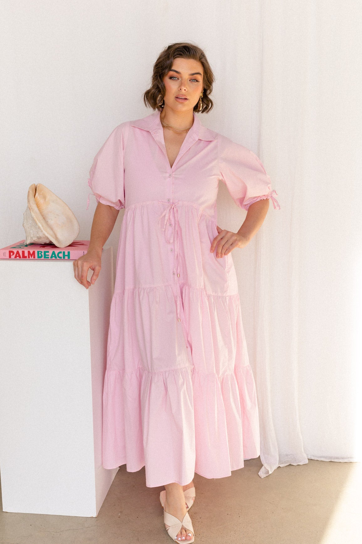 three tiered midi pastel pink summer dress