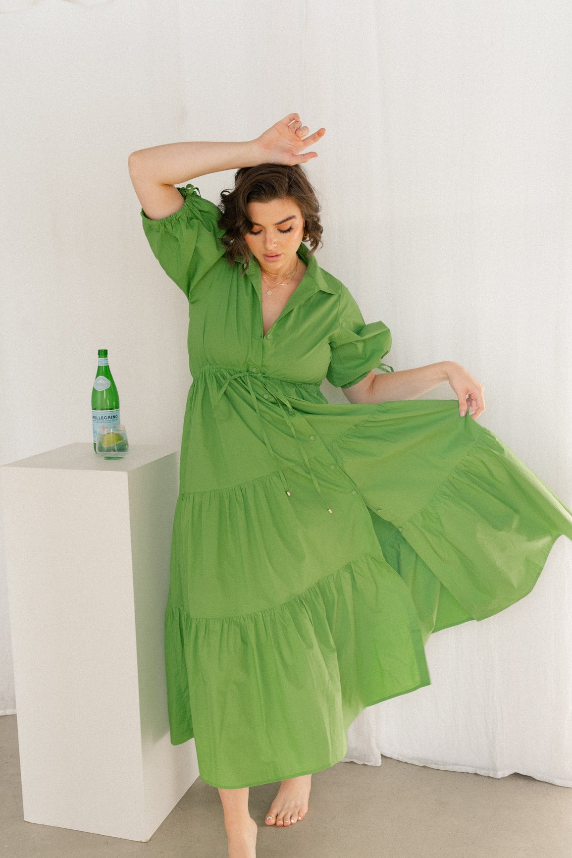 Three tiered midi green summer dress