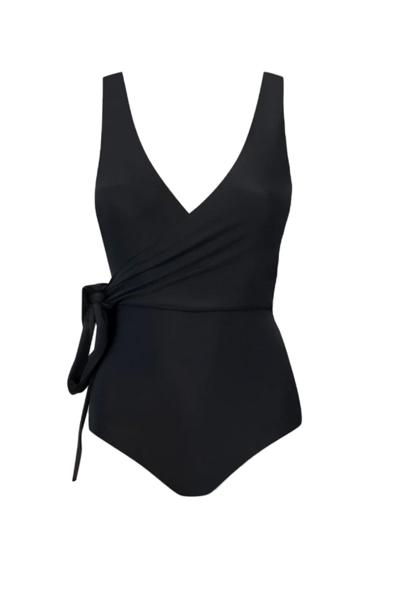 Product image of the Tulum wrapsuit when worn with the black chest piece and the body piece reversed to the black side