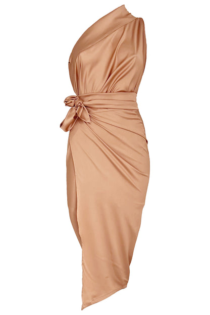 Product image of the prosecco isla wrap skirt styled as a dress with a bow